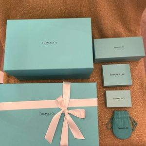 5 empty Tiffany & Co boxes and two suede pouches